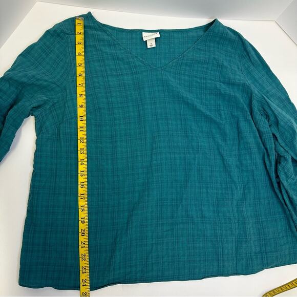 Ava & Viv Teal V-Neck Blouse 1X - Lightweight Cotton-Blend with Ruched Sleeves - Picture 6 of 10